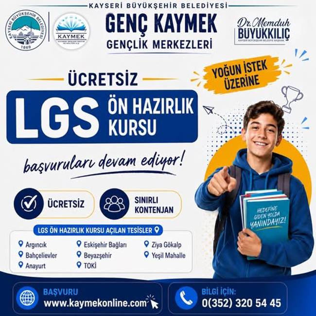 Kayseri Büyükşehir'den gençlere TYT, LGS ve YDS kursları!