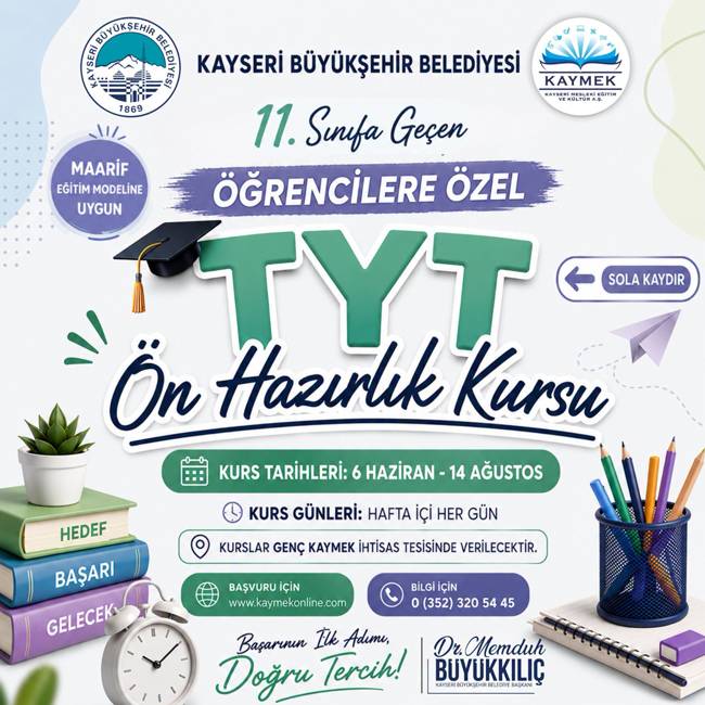 Kayseri Büyükşehir'den gençlere TYT, LGS ve YDS kursları!